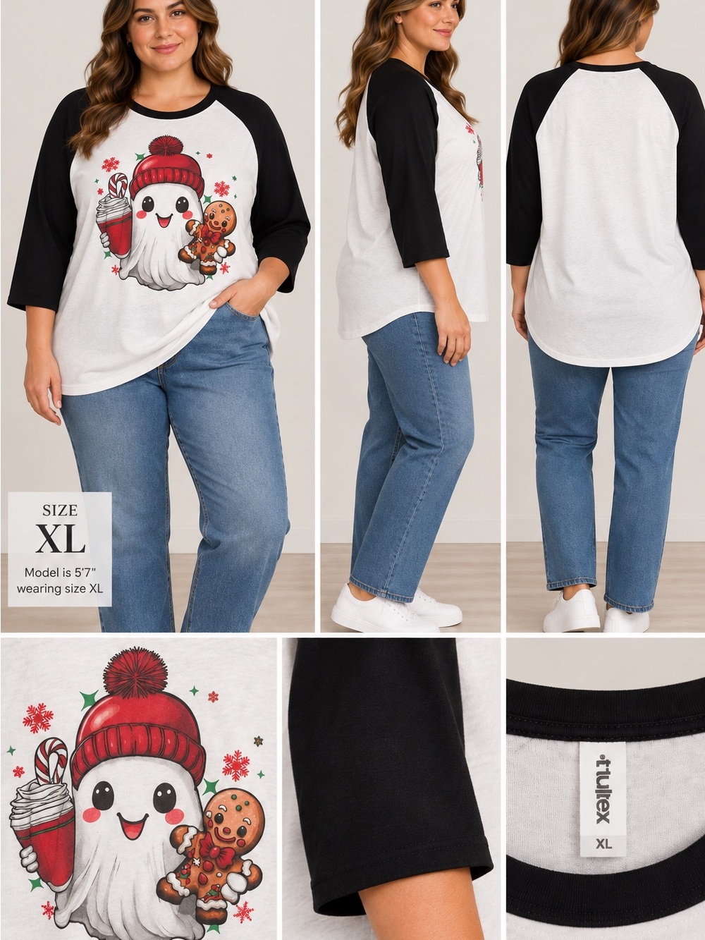Tultex White & Black Raglan Tee with Festive Ghost Graphic